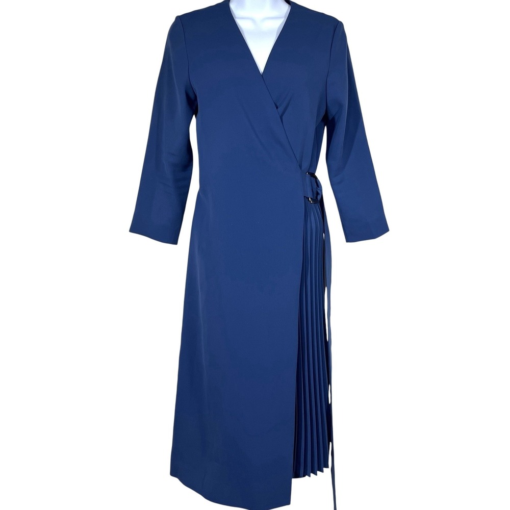 COS Wrap Dress Womens 4 Blue Knife Pleats Midi‎ Minimalist Capsule Wardrobe